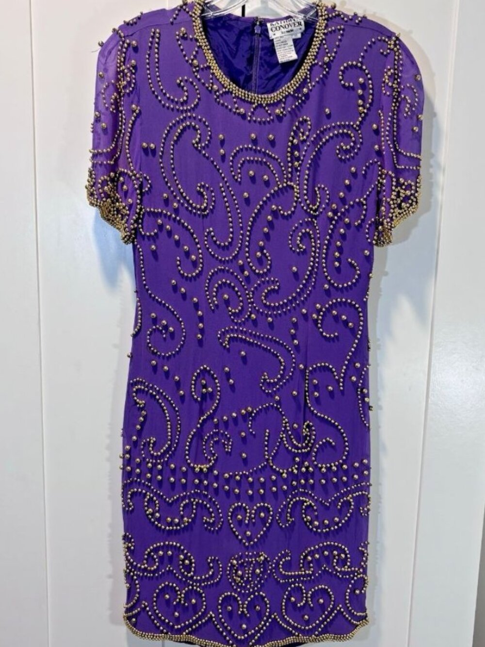 Vintage 100% Silk Kathryn Conover by Night Purple Gold Beaded Cocktail Dress 10